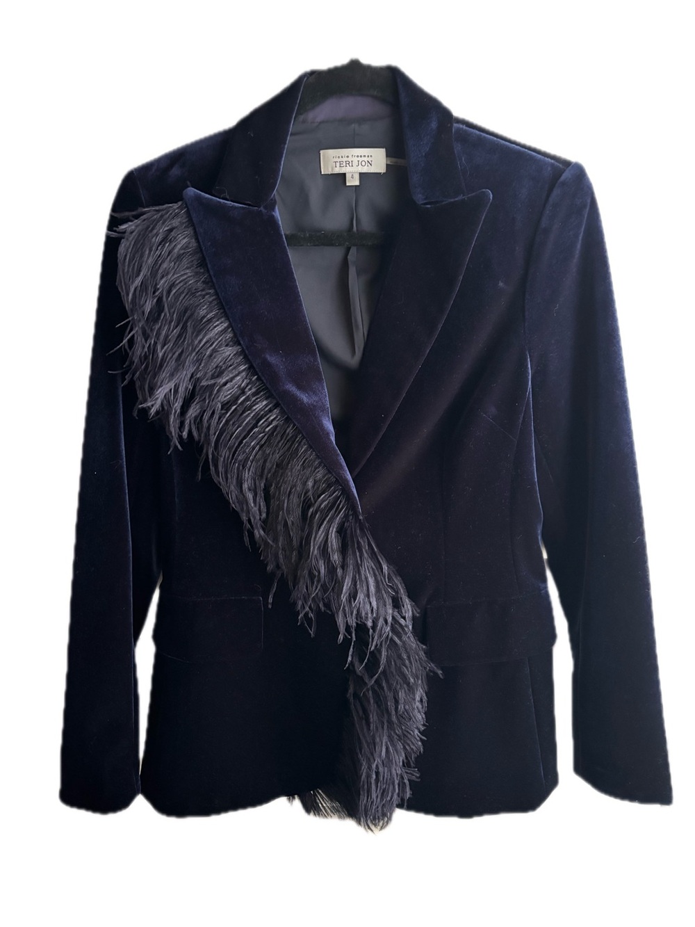 Rickie Freeman for Teri Jon Navy Velvet Blazer with Black Ostrich Feather Trim